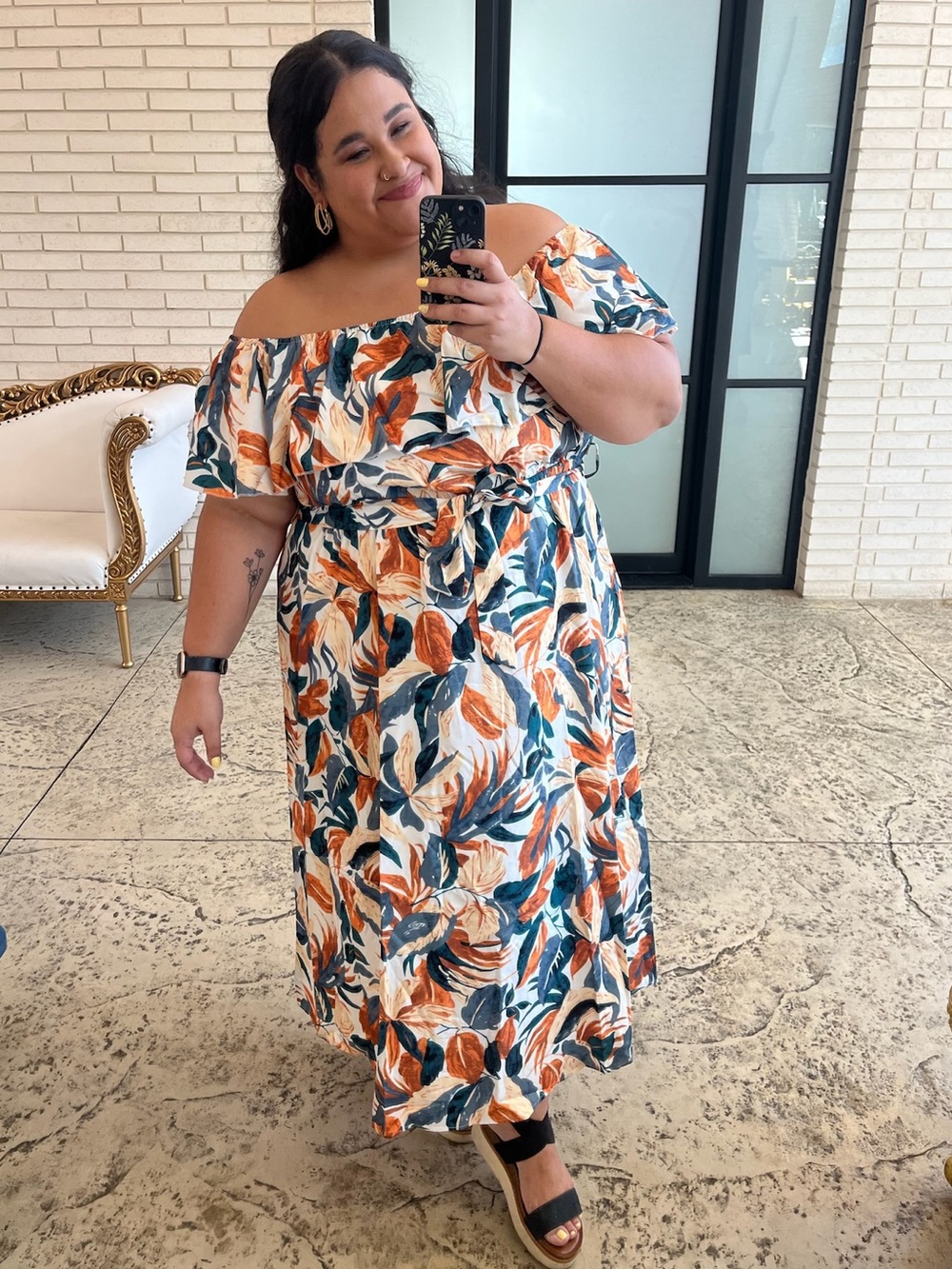 Off-Shoulder Floral Print Dress in Rust & Navy - Women